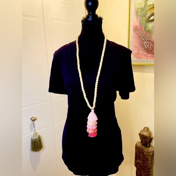 ✅Langston Colorful Tassel Necklace natural wood beads, no clasp necklace.  🩷🤍❤️ - Picture 1 of 7